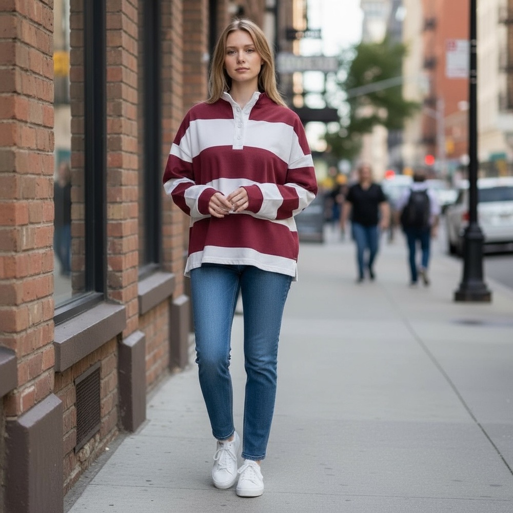 Woman's Antigua Burgundy and White Half-Button Striped Long Sleeve‎ Jersey Top